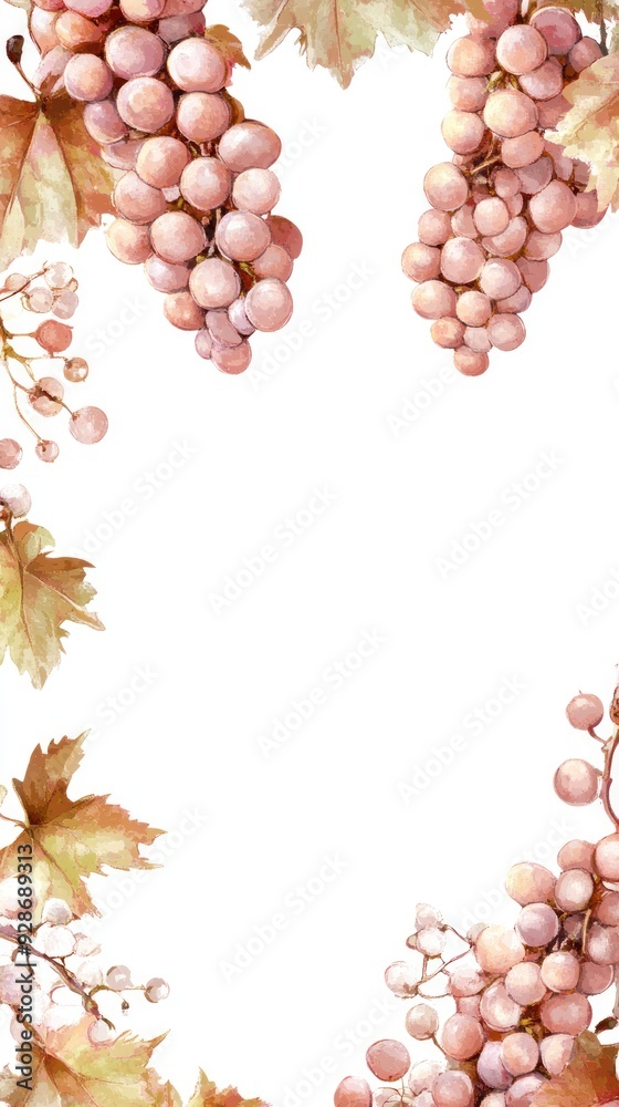 Sticker A decorative illustration featuring clusters of pink grapes and leaves on a white background.