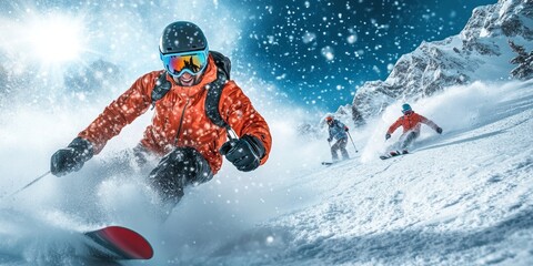 Big photo collage of winter sports ski and snowboarding. Groups of friends and individuals having fun, riding and jumping on slope and off-piste, Generative AI