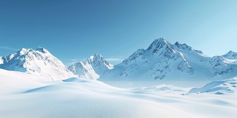 Obraz premium Stunning winter landscape featuring majestic snow-covered mountains under a clear blue sky, evoking serenity and tranquility.