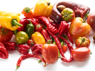 tomatoes and different peppers isolated on white background