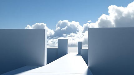 Abstract White Cityscape Pathway with Sky and Clouds