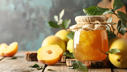 Tasty homemade quince jam in jar and fruits on wooden table, closeup. Space for text