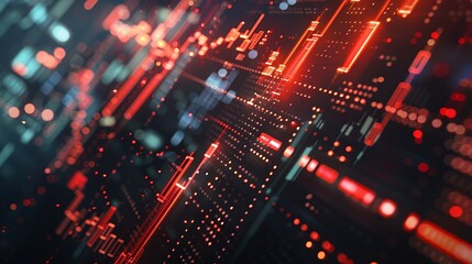 Fototapeta premium Abstract red and blue glowing lines and dots on a black background.