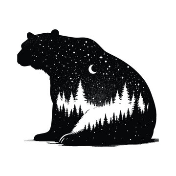 recommend clip art: silhouette of Polar bear posefilled with nature night view in rough drawing,