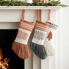 Festive holiday stockings hanging on a mantel, adorned with intricate patterns and ready for Christmas cheer.