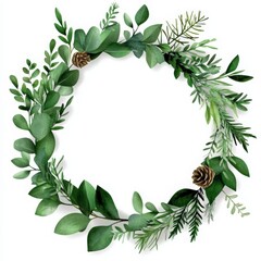 Elegant greenery wreath featuring assorted leaves and pine cones, perfect for seasonal decor and nature-themed designs.