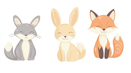 Fototapeta premium A cute icon set of animals like a bunny, kitten, and fox in soft pastel tones, perfect for a playful and gentle design on a white background