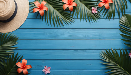 A Blue Wooden Background Of Tropical Theme With Hat Palm Leaves Flowers