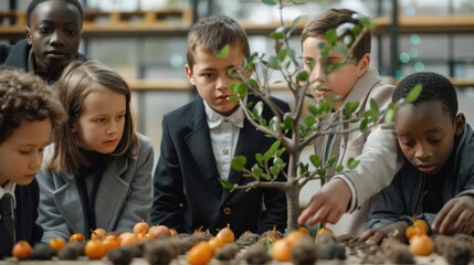 Multiracial Children Learning Gardening in Classroom - Education, Teamwork, and Nature Activities for Kids. Generative ai
