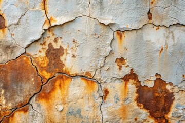 Weathered concrete wall texture with rusty, damaged surface, exhibiting an intricate pattern of cracks and imperfections, perfect for adding vintage, distressed flair to backgrounds.