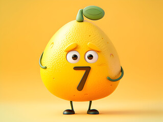 Fototapeta premium Cheerful Lemon Cartoon Character with Number Seven, Expressing Emotion in a Playful Yellow Background