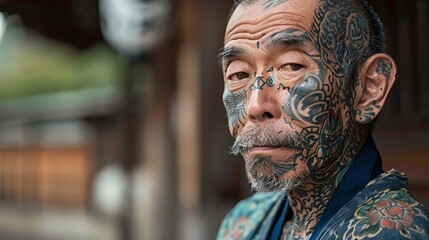 Obraz premium Portrait of a Japanese man with intricate tattoos on his face, looking to the side with a serious expression.