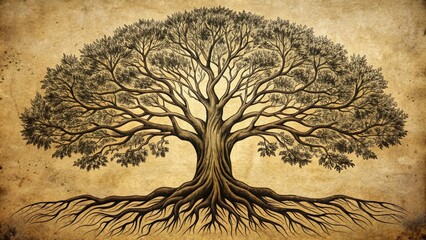 Whimsical illustration of a majestic tree with sprawling branches and roots, delicately hand-drawn in black ink on a warm, textured beige background.