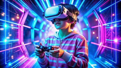 Young Asian gamer wearing futuristic virtual reality headset and holding controllers, fully immersed in a futuristic virtual world with vibrant neon lights surround.