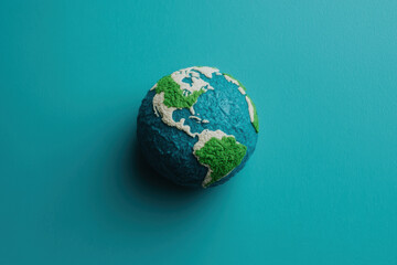 Fototapeta premium Handcrafted paper mache globe on teal surface showing the Americas. Vibrant blue, green continents. Earth-themed decorative art.