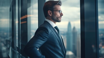 Fototapeta premium A businessman in a formal suit looks out of a large office window 