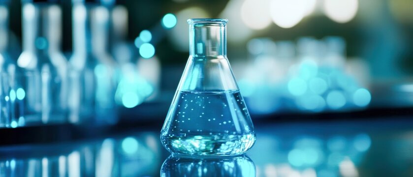 A laboratory flask filled with blue liquid, reflecting light in a scientific environment, symbolizes research and experimentation.