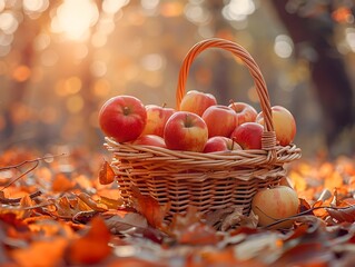 Wicker Basket Overflowing with Fresh Autumn Apples Amid Vibrant Foliage