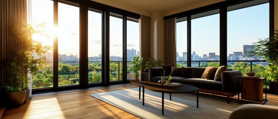 Fototapeta premium A modern living room with large windows showcasing a vibrant cityscape and greenery, bathed in warm sunlight.