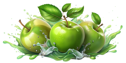 Fresh Green Apples with Splash Graphic on Transparent Background