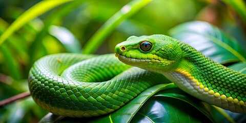 Fototapeta premium Green snake slithering through lush garden foliage, serpent, reptile, wildlife, nature, camouflage, scales, outdoors