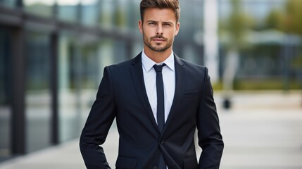 A cheerful businessman in a formal suit smiling confidently at the camera, 