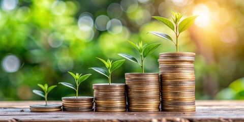 Green Shoots Growing From Stacks of Coins, Coin Stacks, Investment Growth, Financial Success, Nature