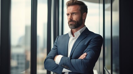 A confident businessman in a sleek office setting, arms crossed