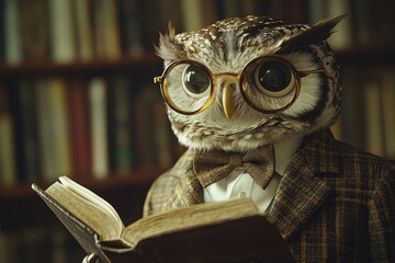 Professor Owl: An owl with a tweed jacket, bow tie, and round glasses, holding a book in a library.