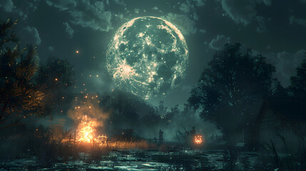  A Halloween night with spooky ghost stories being told around a campfire, with the full moon shining overhead 