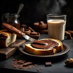 Delicious Breakfast with Chocolate Spread and Hot Milk