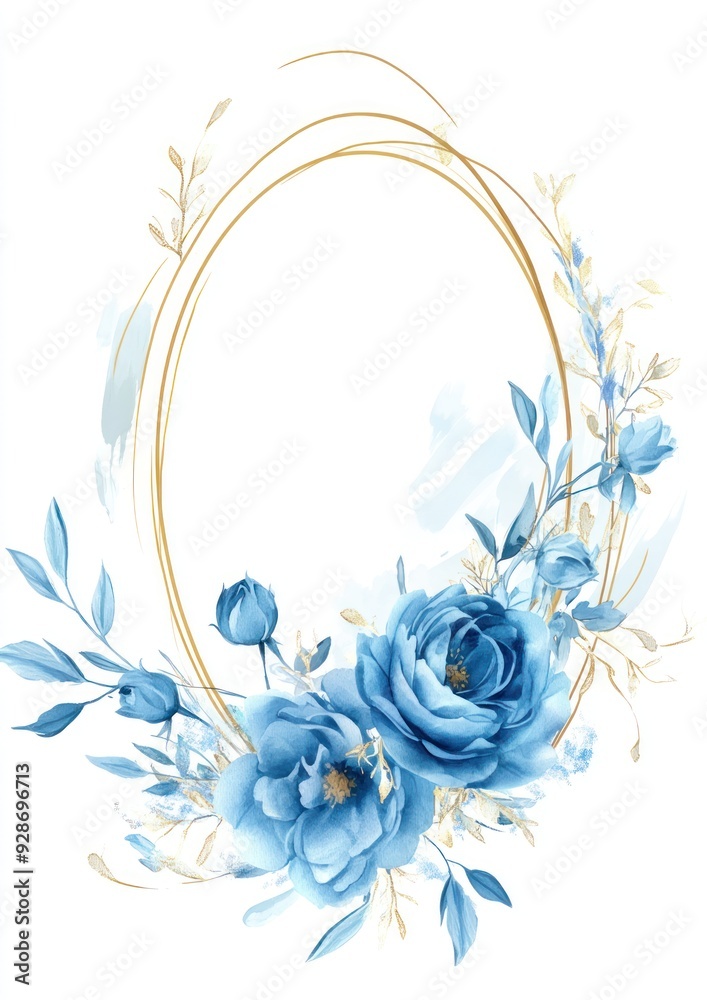 Sticker A floral design featuring blue roses and delicate foliage within an elegant oval frame.