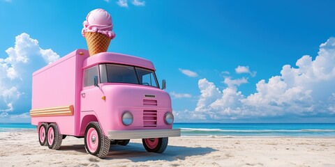 Pink ice cream truck parked on the beach line with the sea in the background. Big waffle cone on the roof. Soft sunlight, blue sky. Postcard from the trip. Copy space.