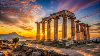 Obraz premium Ruins of temple of Apollo at sunset in Ancient Corinth, Greece , ancient, ruins, temple, Apollo, sunset