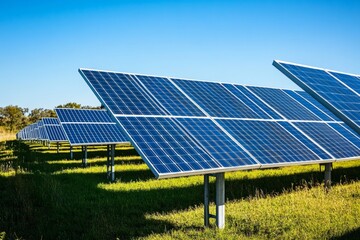 Bright solar panels capture sunlight in a lush green field. This image showcases renewable energy and innovative technology. Solar energy is the future. Generative AI