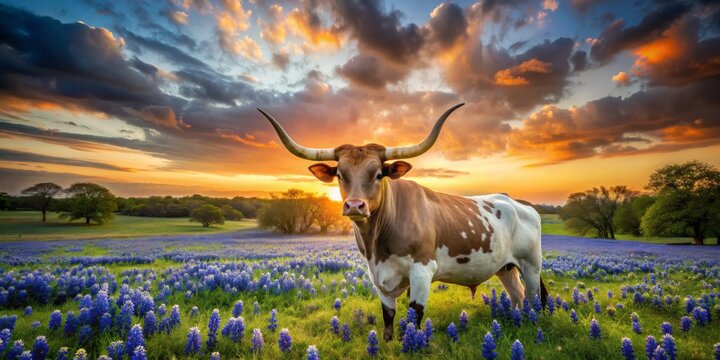 Longhorn in Bluebonnet Field at Sunset, Texas, Bluebonnets, Longhorn, Sunset, Texas Landscape