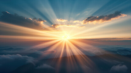 Fototapeta premium A stunning sunrise over mountains, with radiant beams of light piercing through the clouds, symbolizing hope, renewal, and divine presence.