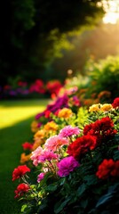 Naklejka premium A vibrant flower garden basking in golden sunlight, showcasing diverse colors and beautiful blooms in a serene outdoor setting.