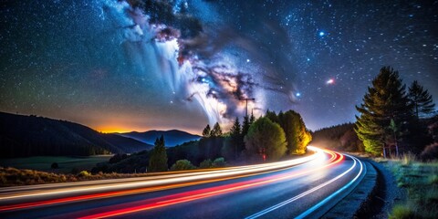 Fototapeta premium Milky Way Lights Up Night Road, Long Exposure, Night Sky, Starry Night, Road Trip