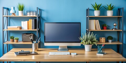 Minimalist Home Office Workspace with Teal Wall, Desk with Computer and Plants, workspace , home office , desk setup , minimalist design