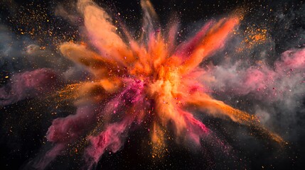 Abstract colorful explosion of orange, pink, and red paint with sparks on black background.