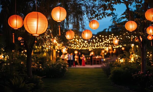 Brightly lit Chinese lanterns hanging from trees in a night garden. Mid-Autumn festival, Chinese new year decorations