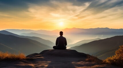 A person sitting in a meditative pose on a mountain overlook at sunset. 