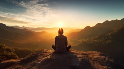 Obraz premium A person sitting in a meditative pose on a mountain overlook at sunset. 