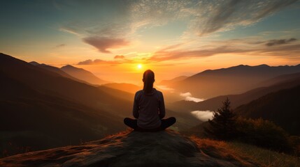 A person sitting in a meditative pose on a mountain overlook at sunset. 