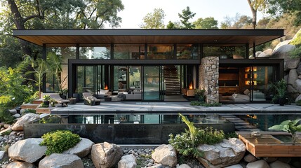 Modern house with swimming pool and patio.