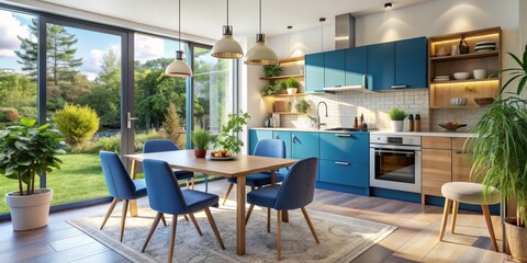 Fototapeta premium Modern Kitchen Design with Blue Cabinets and Garden View, interior design, kitchen decor, dining room, garden , kitchen cabinets , kitchen design
