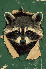 racoon head on tipped green and  dark yellow paper effect