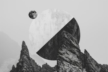 Black and white photograph of a mountain at night with a half moon visible in the sky - obrazy, fototapety, plakaty
