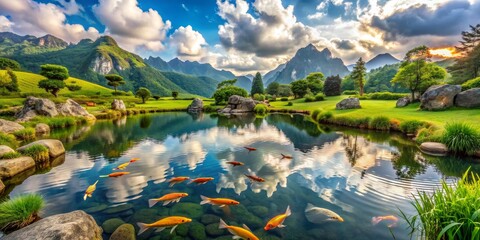 Mountain Lake with Koi Fish, Landscape, Nature, Fish, Serenity, Water